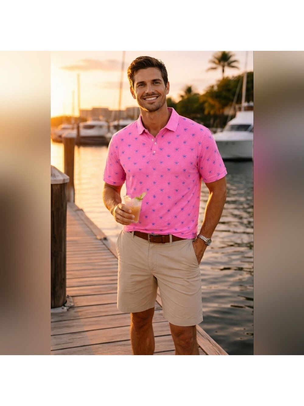 Scales Gear Crabby Polo Shirt Pink Crab Print Men’s Large Performance Polo NWT